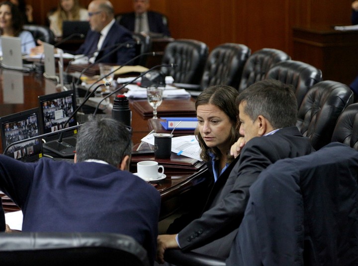 Los legisladores K Rodolfo Tailhade, Vanesa Siley y Mariano Recalde, en la Magistratura.