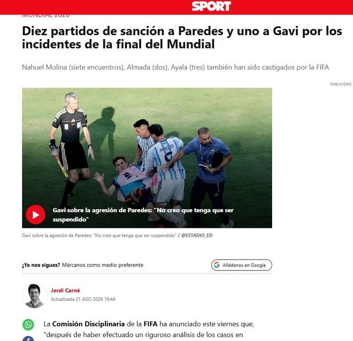 Los diarios de España y de Inglaterra hablaron de las sanciones de la FIFA contra la AFA y la Selección Argentina.