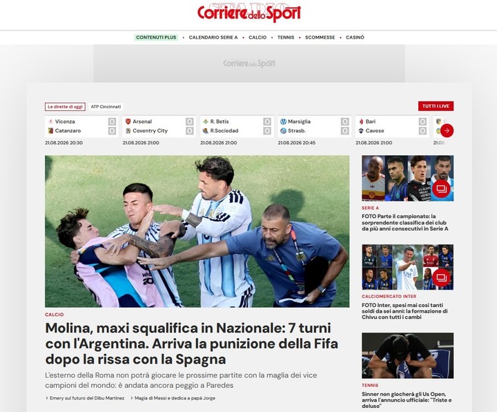 Corriere dello Sport se enfocó en Nahuel Molina.