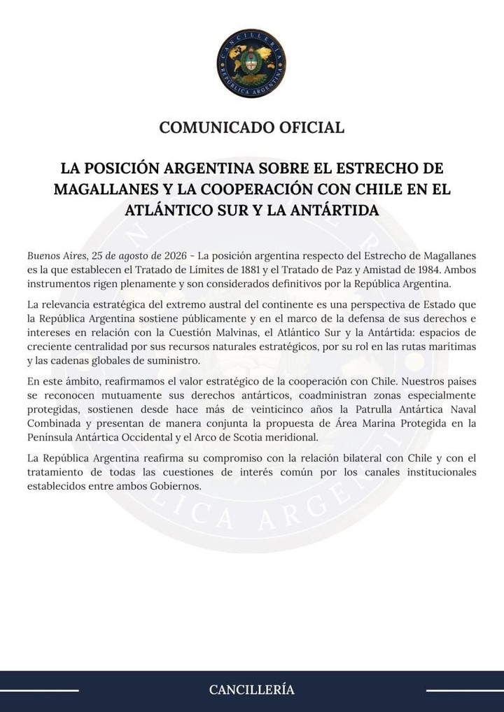 El Gobierno le bajó el tono a una protesta de Chile por Estrecho de Magallanes tras las declaraciones del jefe de la Fuerza Aérea Argentina